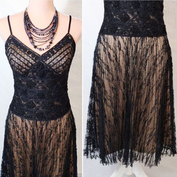 Sue Wong Y2K Black Gold Floral Crochet Lace Tank Midi Slip Dress Size 8 - Picture 6 of 17